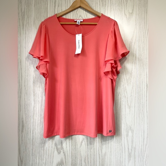 Crew Neckline Short Chiffon Flutter Sleeve Blouse CORAL Size 1X NWT - Picture 1 of 4